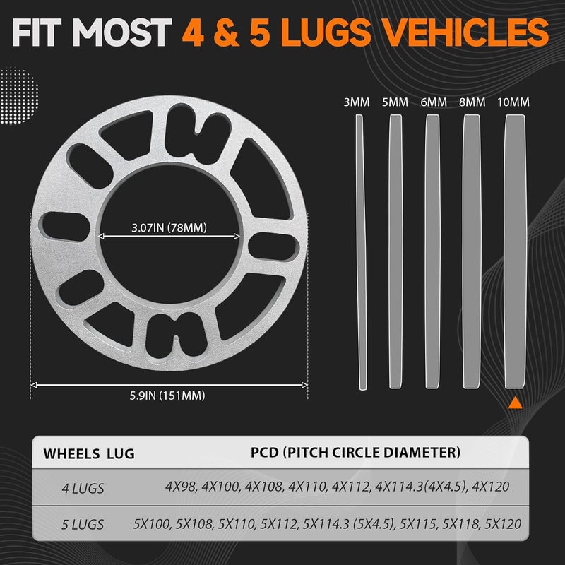LUJIANI Store 4 Pack Universal Wheel Spacers, 0.39"(10mm) Die Cast Replacement Aluminum Spacer for 4 & 5 Lugs Wheels/Rims, Fits 98 to 120mm Multiple Bolt Pattern, 4x100, 4x108, 4x110, 5x114.3, 5x4.5, 5x120 - Image 2